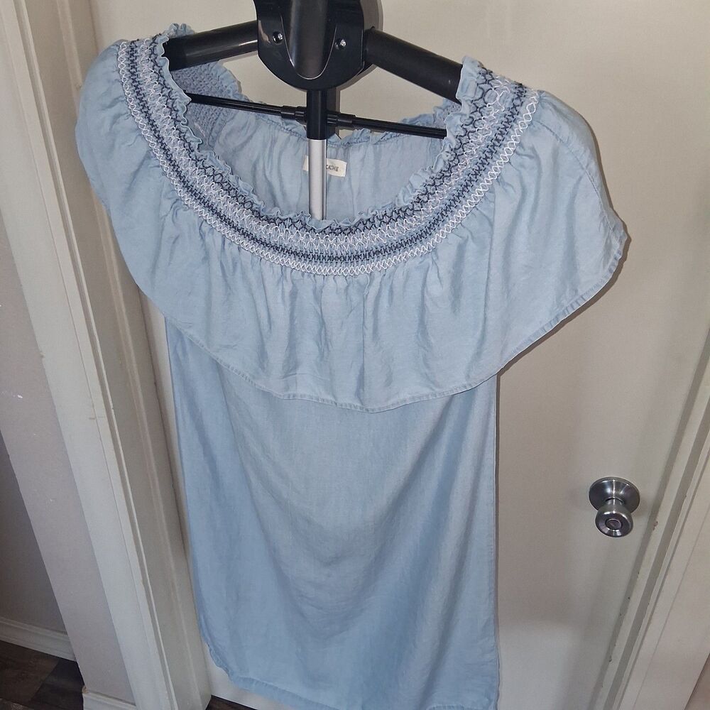 Cache Cache Blue Chambray Off Shoulder Smocked Ruffle Mini Shift Dress Euro 36/4 - Picture 2 of 11